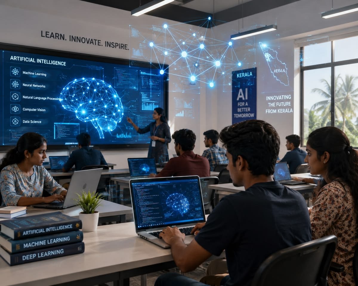 Students learning AI in a live class at Rudra.ai Academy, Rajkot